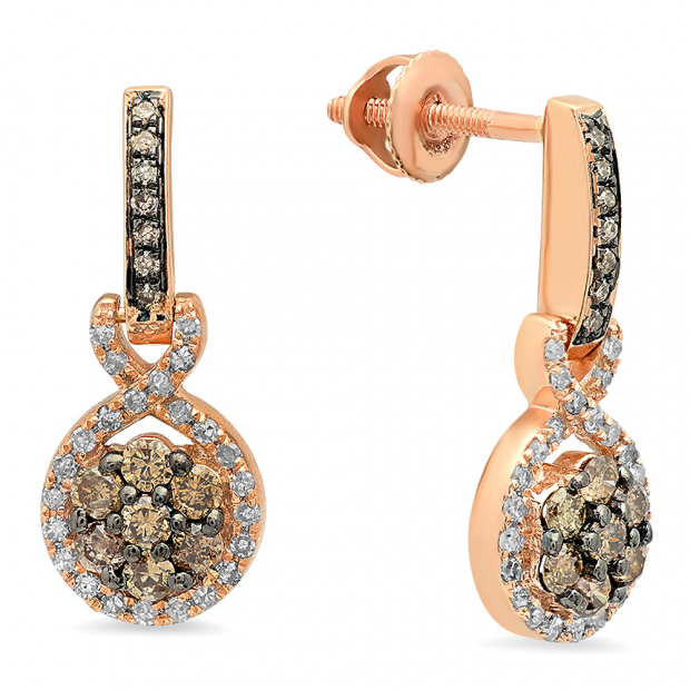 0.55 Carat (ctw) 18K Rose Gold Round Cut Champagne & White Diamond Ladies Cluster Style Dangling Drop Earrings 1/2 ct