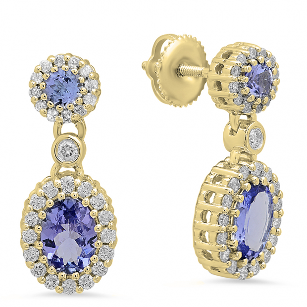 2.15 Carat (ctw) 14K Yellow Gold Oval & Round Cut Tanzanite & Round Cut White Diamond Ladies Halo Style Dangling Drop Earrings