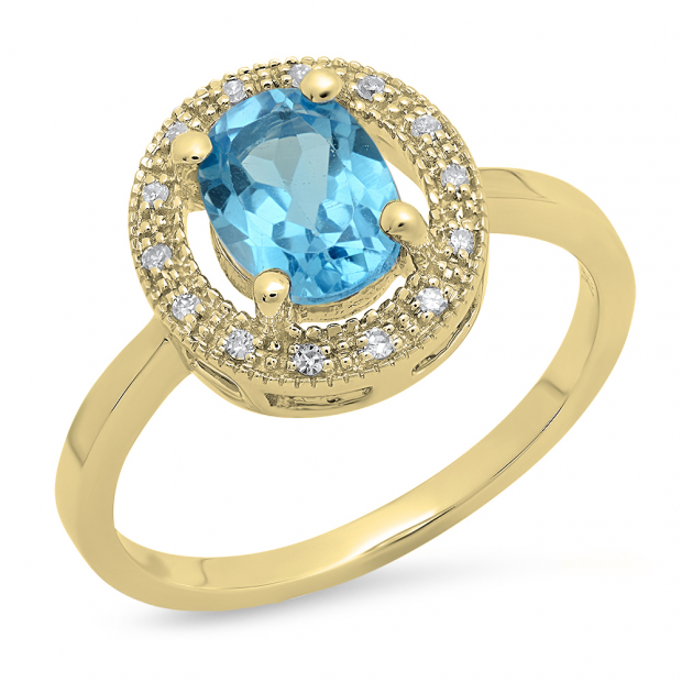 1.40 Carat (ctw) 10K Yellow Gold Oval Cut Blue Topaz & Round Cut White Diamond Ladies Halo Style Bridal Engagement Ring