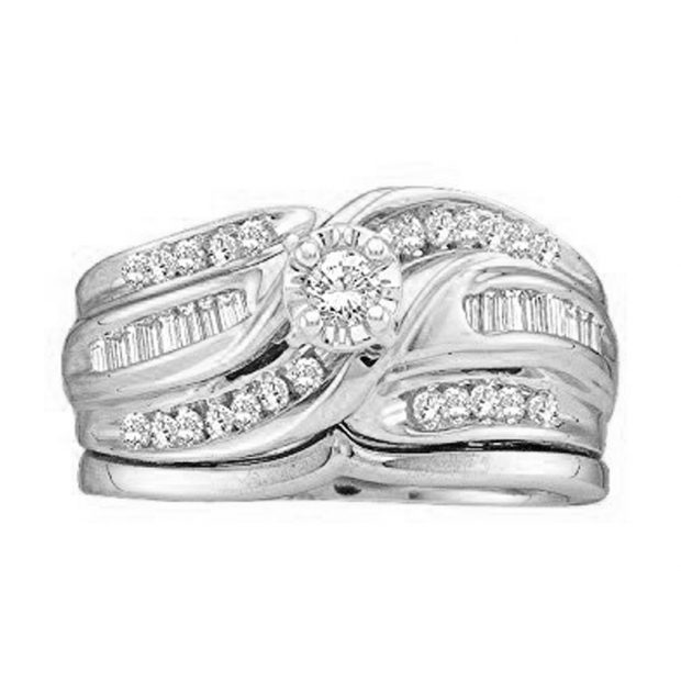 0.55 Carat (ctw) 18K White Gold Round & Baguette Cut Diamond Ladies Bypass Style Bridal Engagement Ring With Matching Band Set 1/2 CT