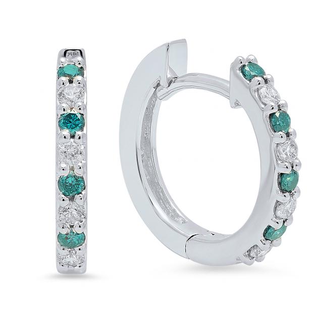 0.25 Carat (ctw) 14K White Gold Round White & Blue Diamond Ladies Fine Dainty Hoop Earrings 1/4 CT