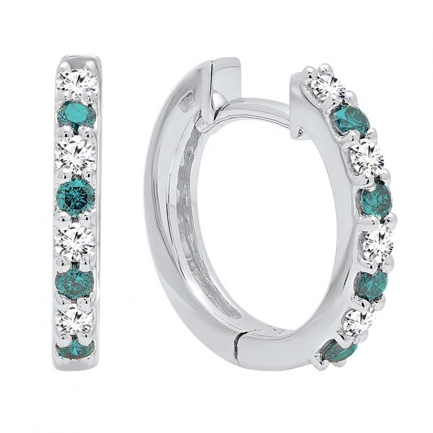 0.35 Carat (ctw) 10K White Gold Round White & Blue Diamond Ladies Fine Dainty Hoop Earrings 1/3 CT