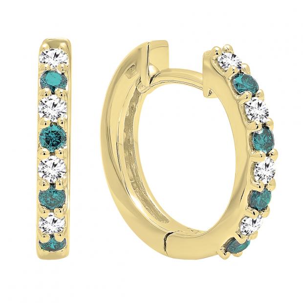 0.35 Carat (ctw) 10K Yellow Gold Round White & Blue Diamond Ladies Fine Dainty Hoop Earrings 1/3 CT