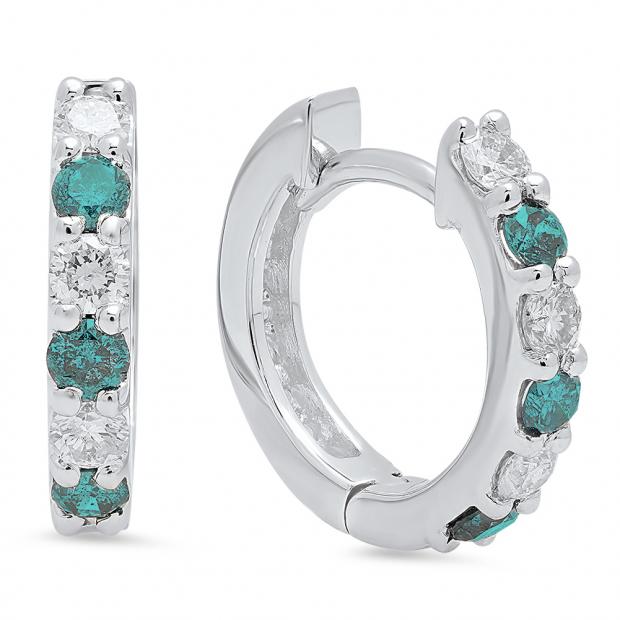 0.50 Carat (ctw) 10K White Gold Round White & Blue Diamond Ladies Fine Dainty Hoop Earrings 1/2 CT