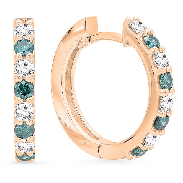 0.75 Carat (ctw) 10K Rose Gold Round White & Blue Diamond Ladies Fine Dainty Hoop Earrings 3/4 CT