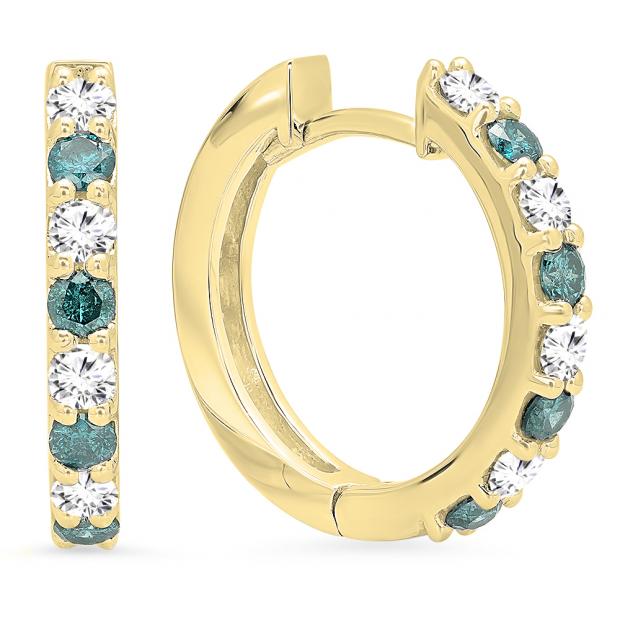 0.75 Carat (ctw) 10K Yellow Gold Round White & Blue Diamond Ladies Fine Dainty Hoop Earrings 3/4 CT