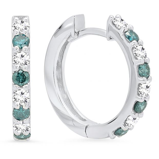 0.75 Carat (ctw) 18K White Gold Round White & Blue Diamond Ladies Fine Dainty Hoop Earrings 3/4 CT