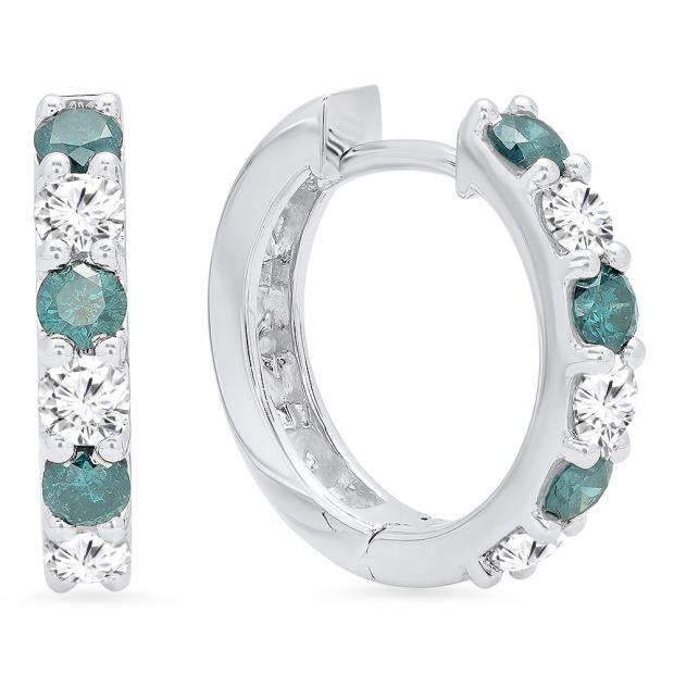 1.10 Carat (ctw) 14K White Gold Round White & Blue Diamond Ladies Fine Dainty Hoop Earrings 1 CT