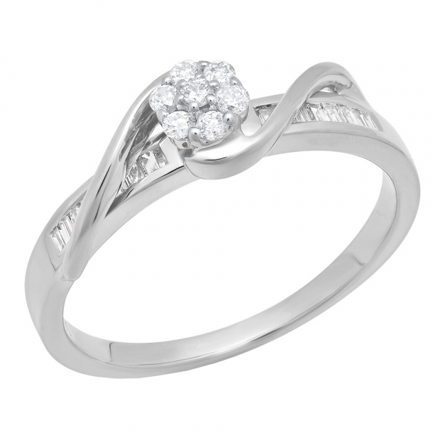0.25 Carat (ctw) 14K White Gold Round & Baguette Cut White Diamond Bridal Cluster Flower Engagement Ring 1/4 CT
