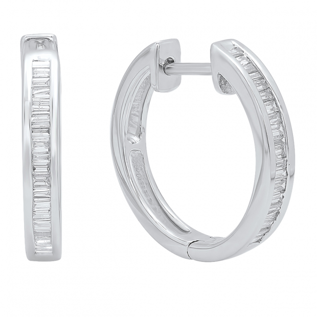 0.30 Carat (ctw) Sterling Silver Baguette Cut Diamond Ladies Huggies Hoop Earrings 1/3 CT