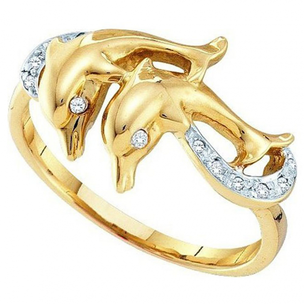 0.10 Carat (ctw) 10K Yellow Gold Round Cut White Diamond Ladies Dolphin Right Hand Ring 1/10 CT