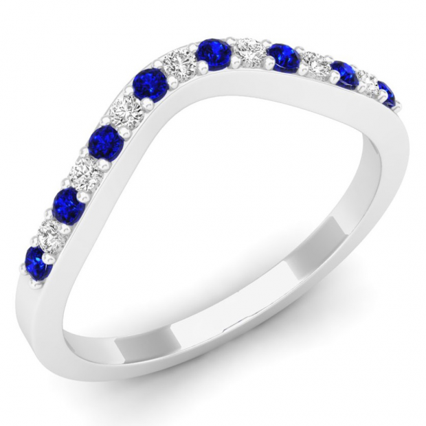 0.25 Carat (ctw) 14K White Gold Round White Diamond & Blue Sapphire Wedding Stackable Anniversary Guard Chevron Band 1/4 CT
