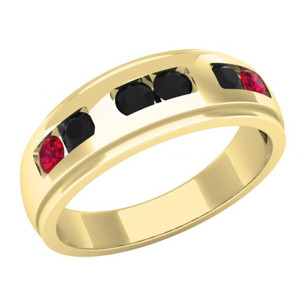 0.75 Carat (ctw) 10K Yellow Gold Round Cut Ruby & Black Diamond Men