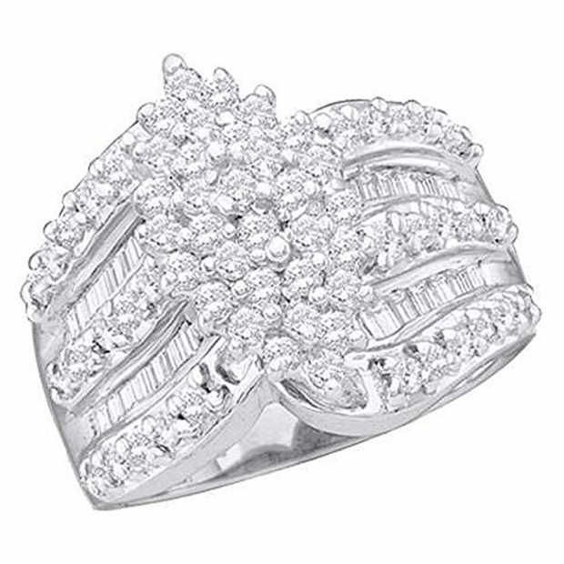 1.20 Carat (ctw) 10K White Gold Round & Baguette Cut White Diamond Ladies Cluster Right Hand Ring 1 1/4 CT
