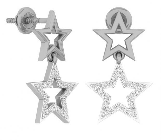 0.20 Carat (Ctw) 10K White Gold Round White Diamond Ladies Micro Pave Star Shape Dangling Drop Earrings