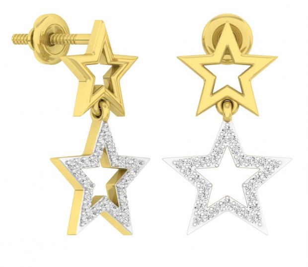 0.20 Carat (Ctw) 10K Yellow Gold Round White Diamond Ladies Micro Pave Star Shape Dangling Drop Earrings