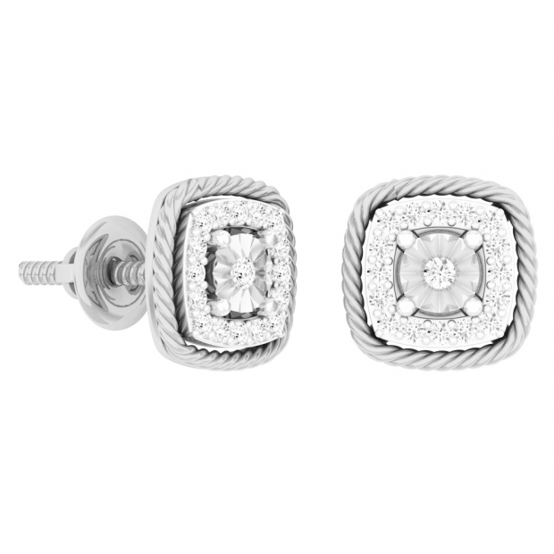 0.15 Carat (Ctw) 10K White Gold Round Cut White Diamond Ladies Cushion Frame Stud Earrings