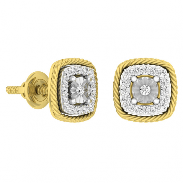0.15 Carat (Ctw) 10K Yellow Gold Round Cut White Diamond Ladies Cushion Frame Stud Earrings