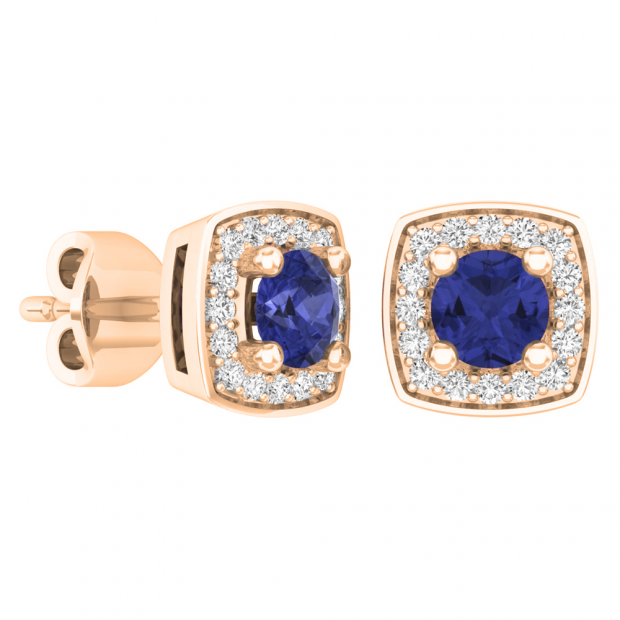 0.65 Carat (Ctw) 10K Rose Gold Round Cut Blue Sapphire & White Diamond Ladies Square Frame Halo Stud Earrings