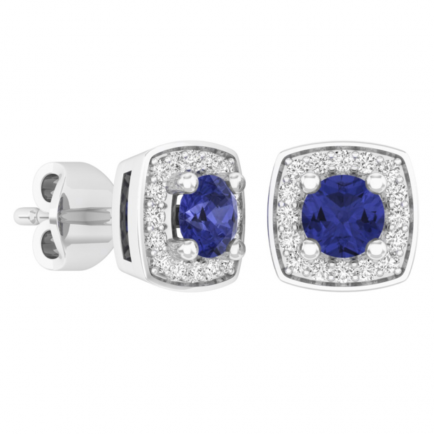 0.65 Carat (Ctw) 10K White Gold Round Cut Blue Sapphire & White Diamond Ladies Square Frame Halo Stud Earrings