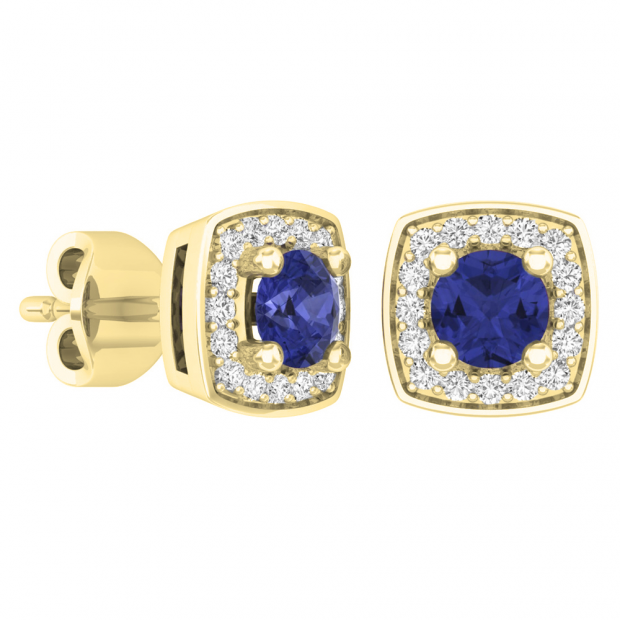 0.65 Carat (Ctw) 18K Yellow Gold Round Cut Blue Sapphire & White Diamond Ladies Square Frame Halo Stud Earrings
