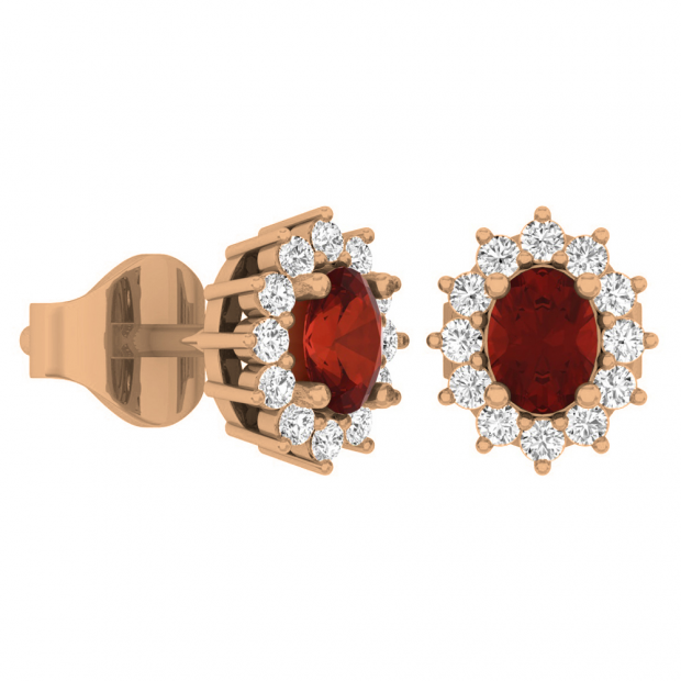 1.15 Carat (Ctw) 10K Rose Gold Oval Cut Garnet & Round Cut White Diamond Ladies Flower Shape Cluster Fashion Stud Earrings