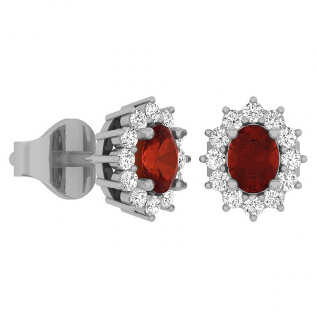 1.15 Carat (Ctw) 10K White Gold Oval Cut Garnet & Round Cut White Diamond Ladies Flower Shape Cluster Fashion Stud Earrings
