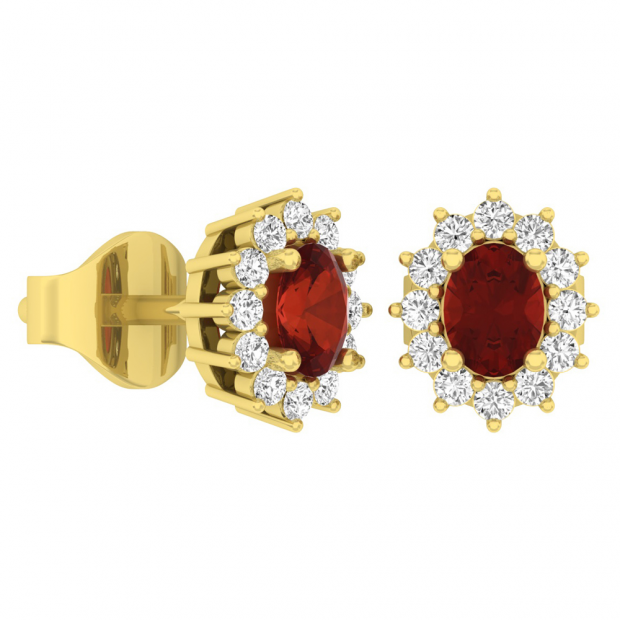 1.15 Carat (Ctw) 18K Yellow Gold Oval Cut Garnet & Round Cut White Diamond Ladies Flower Shape Cluster Fashion Stud Earrings