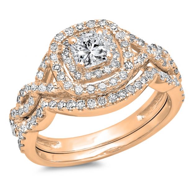 1.00 Carat (ctw) 10K Rose Gold Princess & Round Cut White Diamond Ladies Swirl Bridal Split Shank Halo Engagement Ring With Matching Band Set 1 CT