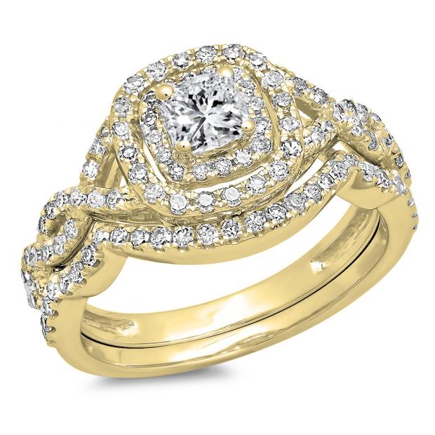 1.00 Carat (ctw) 10K Yellow Gold Princess & Round Cut White Diamond Ladies Swirl Bridal Split Shank Halo Engagement Ring With Matching Band Set 1 CT