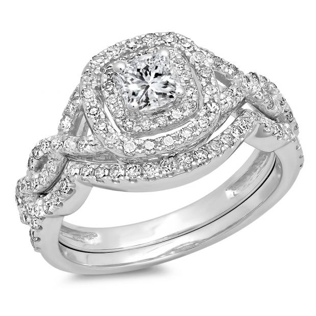1.00 Carat (ctw) 14K White Gold Princess & Round Cut White Diamond Ladies Swirl Bridal Split Shank Halo Engagement Ring With Matching Band Set 1 CT