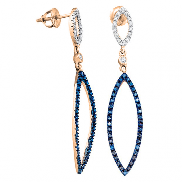 0.15 Carat (ctw) 10K Rose Gold Round Blue & White Diamond Ladies Fashion Dangling Earrings