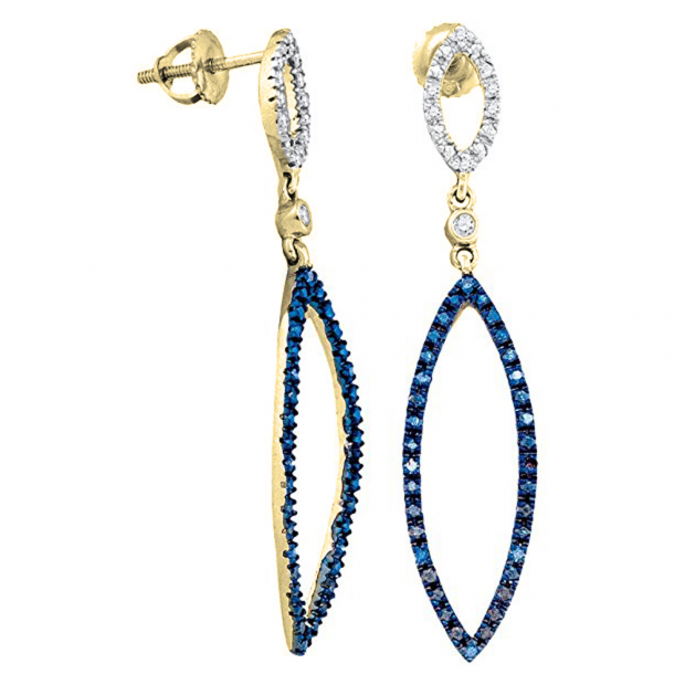 0.15 Carat (ctw) 18K Yellow Gold Round Blue & White Diamond Ladies Fashion Dangling Earrings