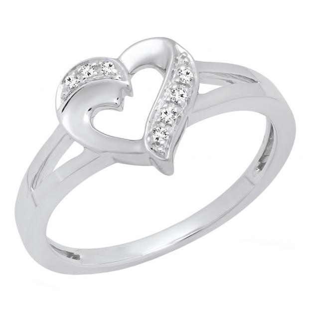 0.06 Carat (ctw) 10K White Gold Round Diamond Ladies Bridal Promise Heart Split Shank Engagement Ring