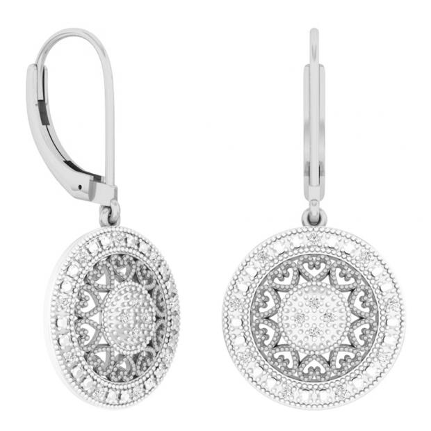 0.12 Carat (ctw) Rhodium Plated Sterling Silver Round White Diamond Ladies Circle Cluster Style Dangling Fashion Earrings