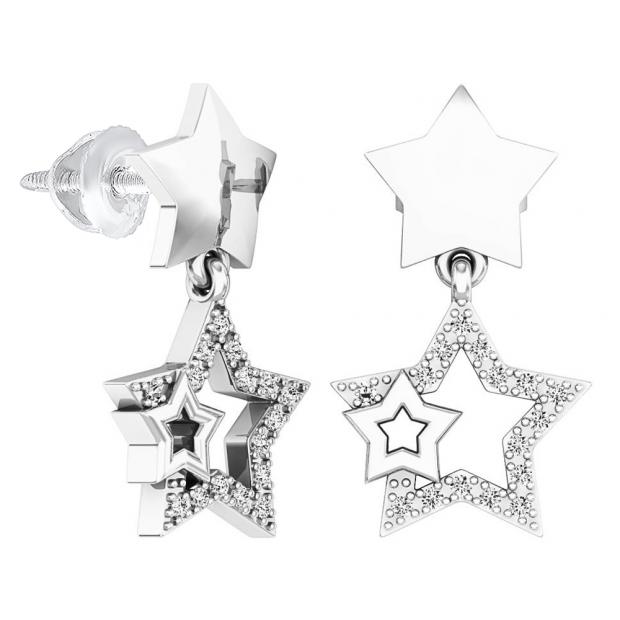 0.10 Carat (ctw) 18K White Gold Round White Diamond Ladies Star Shape Dangling Earrings 1/10 CT