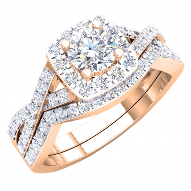 1.80 Carat (ctw) 18K Rose Gold Round Cut Cubic Zirconia CZ Bridal Halo Engagement Ring Set