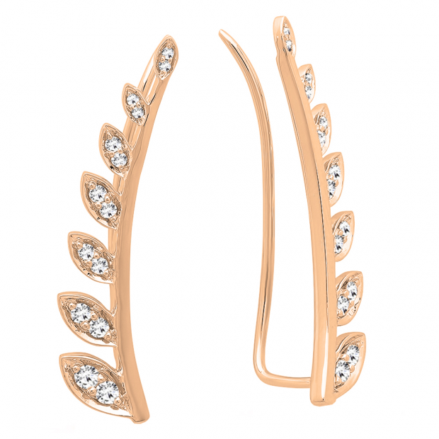 0.50 Carat (ctw) 10K Rose Gold Round White Diamond Ladies Leaf Shaped Climber Earrings 1/2 CT