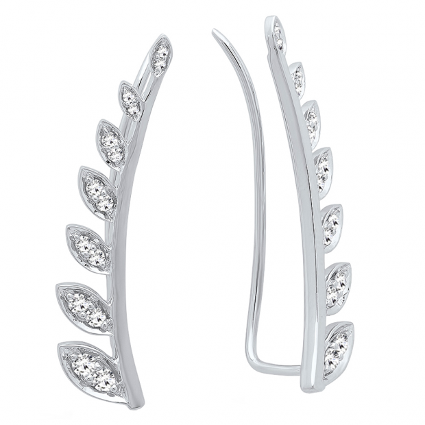 0.50 Carat (ctw) 10K White Gold Round White Diamond Ladies Leaf Shaped Climber Earrings 1/2 CT