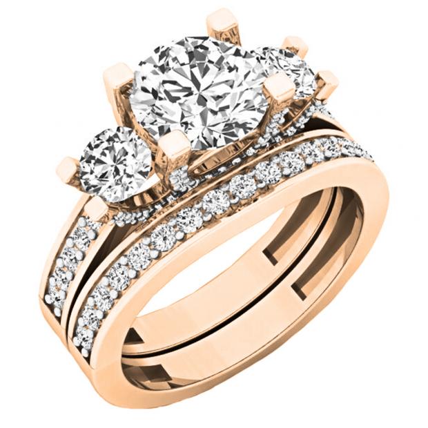 2.55 Carat (ctw) 18K Rose Gold Round White Diamond Ladies Bridal 3 Stone Engagement Ring Set