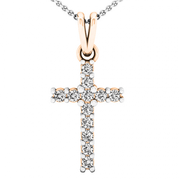 0.15 Carat (ctw) 14K Rose Gold Round White Diamond Ladies Cross Pendant With 18 Inch Chain