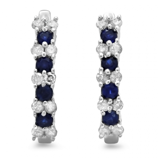 0.60 Carat (ctw) Sterling Silver Round White Diamond & Blue Sapphire Ladies Hoop Earrings