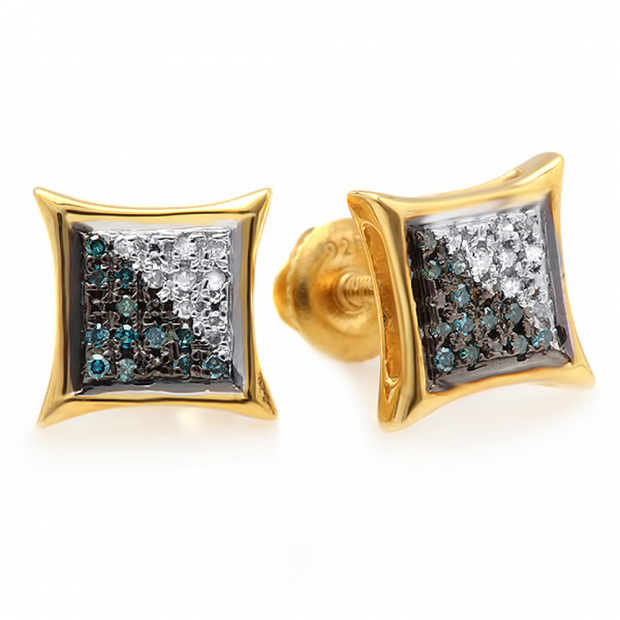 0.10 Carat (ctw) 18K Yellow Gold Plated Sterling Silver Round Blue & White Diamond Men