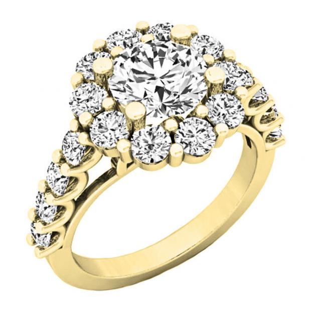 3.20 Carat (ctw) 14K Yellow Gold Round White Diamond Bridal Flower Shaped Halo Engagement Ring