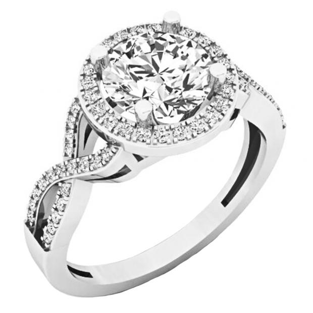 1.75 Carat (ctw) 10K White Gold Round White Diamond Ladies Swirl Split Shank Halo Engagement Ring