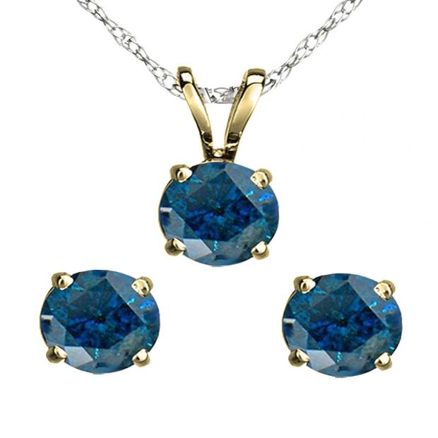 1.50 Carat (ctw) 14K Yellow Gold Round Blue Diamond Ladies Stud Earring & Pendant Set 1 1/2 CT