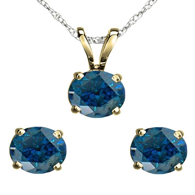 2.00 Carat (ctw) 14K Yellow Gold Round Blue Diamond Ladies Stud Earring & Pendant Set 2 CT