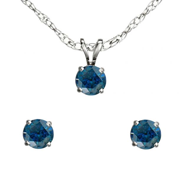 0.25 Carat (ctw) Sterling Silver Round Blue Diamond Ladies Stud Earring & Pendant Set 1/4 CT