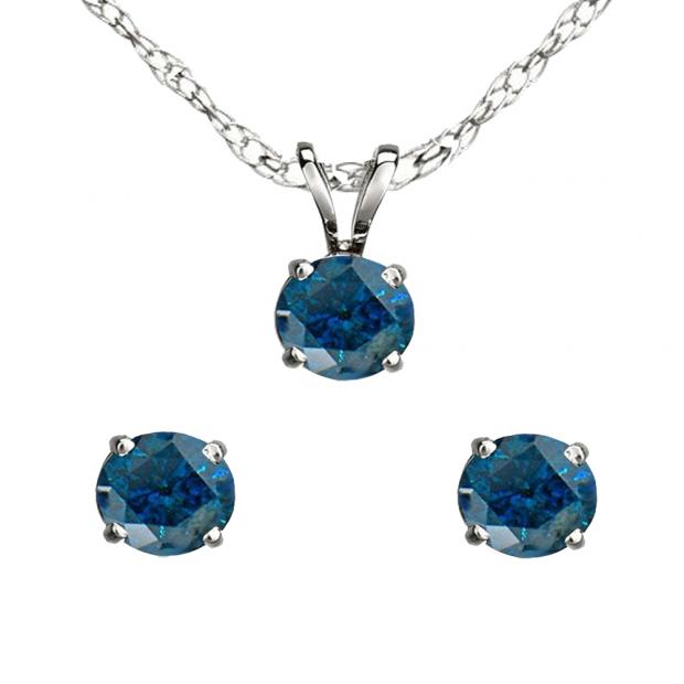 0.50 Carat (ctw) Sterling Silver Round Blue Diamond Ladies Stud Earring & Pendant Set 1/2 CT