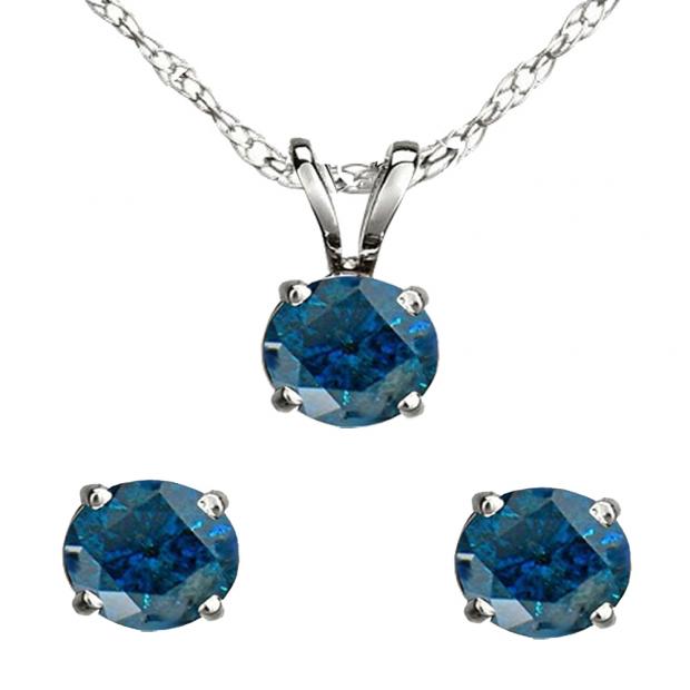 1.00 Carat (ctw) 14K White Gold Round Blue Diamond Ladies Stud Earring & Solitaire Pendant Set 1 CT